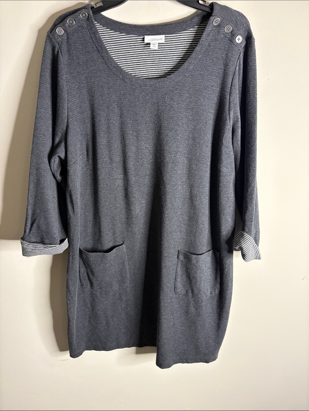 J. Jill Charcoal Gray Button-Shoulder Long Sleeve Tunic Dress
